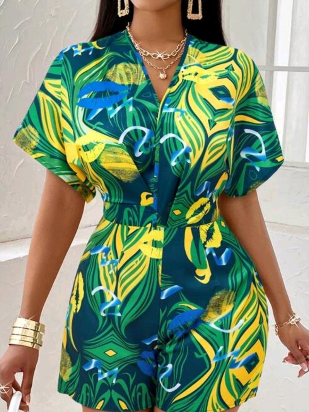 SHEIN Green, Yellow & Blue Tropical Short Jumpsuit